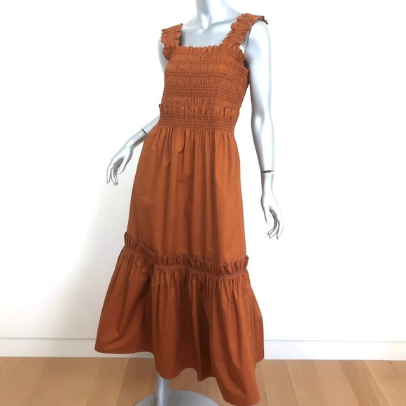 SEA Midi Dress Phoebe Brown Smocked Cotton Size Medium - Picture 3 of 7